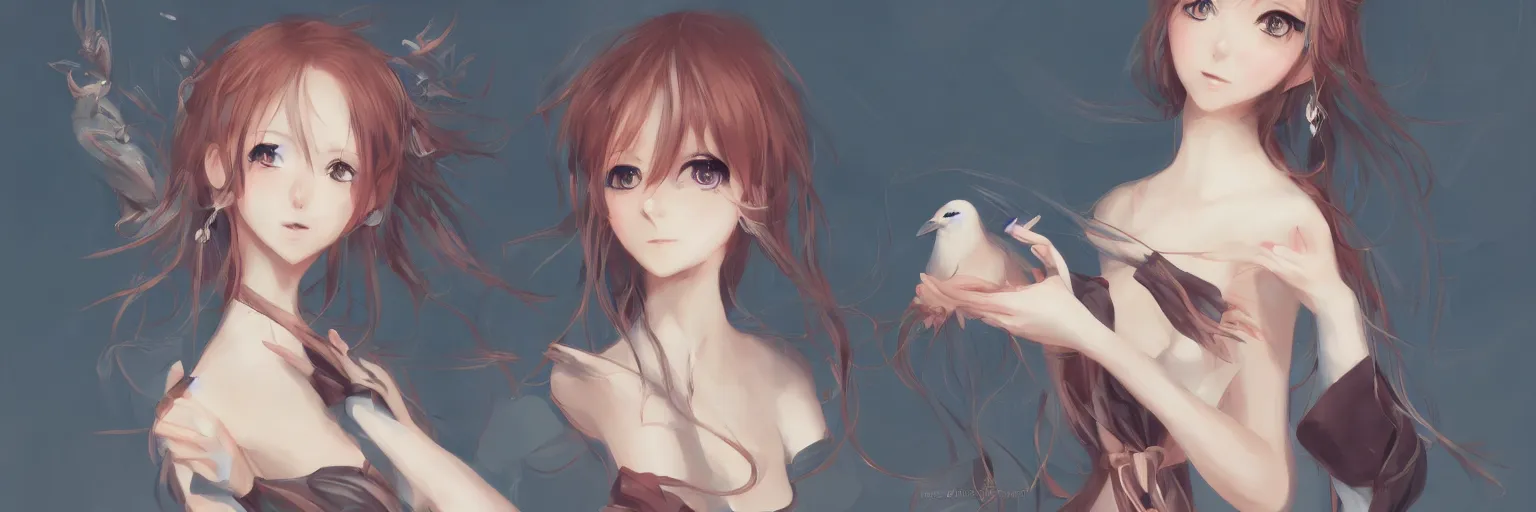 Prompt: character design of a beautiful anime girls in a posing holding a bird, elegant, highly detailed, digital painting, smooth, sharp focus, artstation, fantasy, illustration, cover art, art by Ina Wong