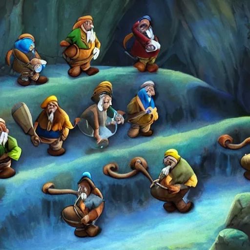 Image similar to seven dwarves mining for gems in the cave