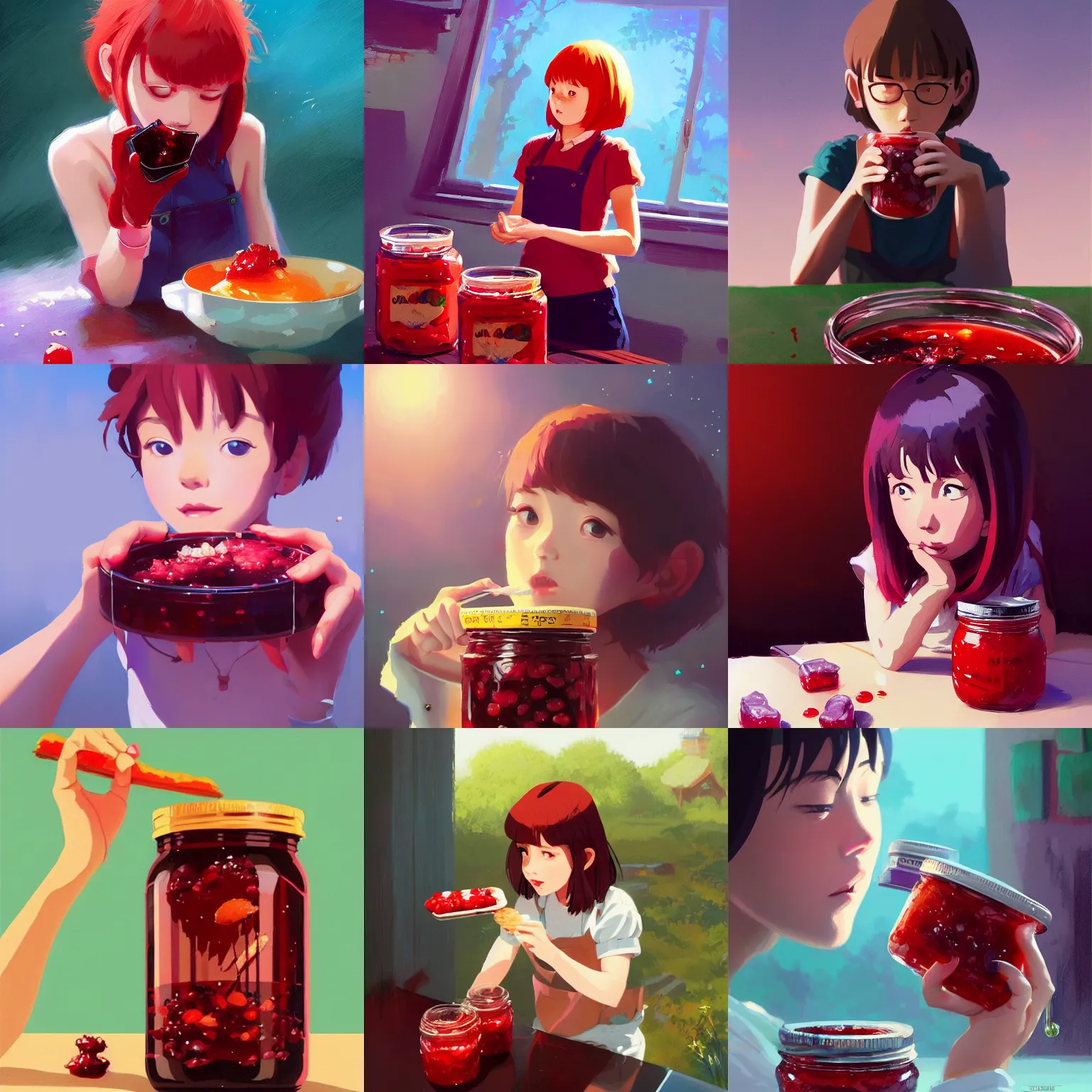 Prompt: girl eating jam from huge jar of red jam, drops around, particles, shiny, Studio Ghibli, animated, illustrated, vibrant, by Greg Rutkowski and Ilya Kuvshinov, artstation, oil painting, detailed, 4k, colorfull