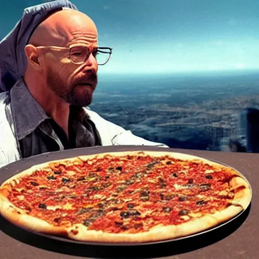 Image similar to low quality photo of heisenberg eating pizza in the sky