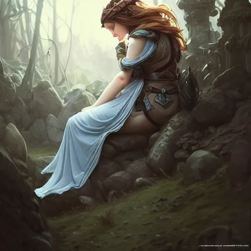 Prompt: wide angle, knight, sleeping on rock, white grey blue color palette, eyes closed, forest, female, d & d, fantasy, intricate, elegant, highly detailed, long brown hair, digital painting, artstation, octane render, concept art, matte, sharp focus, illustration, hearthstone, art by artgerm, alphonse mucha johannes voss