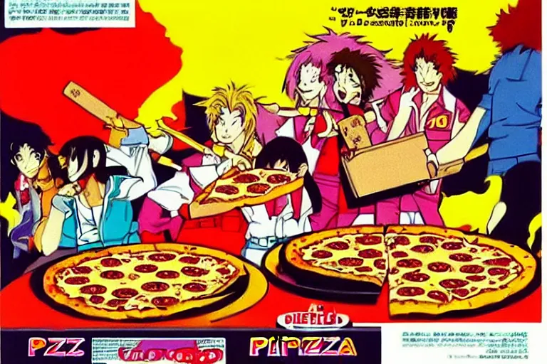 Image similar to pizza, 80s, advertisement, anime, explosion!!!!!!!!!!!!!!!