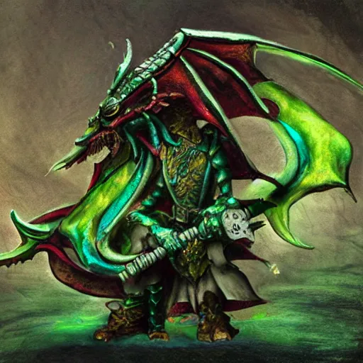 Prompt: Dragorborn bard with green scales, matte painting, Dali, Monet, dungeons and dragons