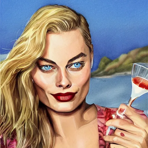 Image similar to a portrait of margot robbie holding a coctail on the beach, beautiful face, highly detailed, digital art