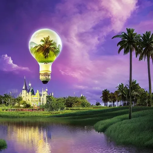 Image similar to the disney castle surrounded by giant palm trees on a giant floating island in the sky, giant realistic light bulb glowing in the sky, cinematic, digital art by erik johansson, 8 k resolution, hyper detailed, sharp focus