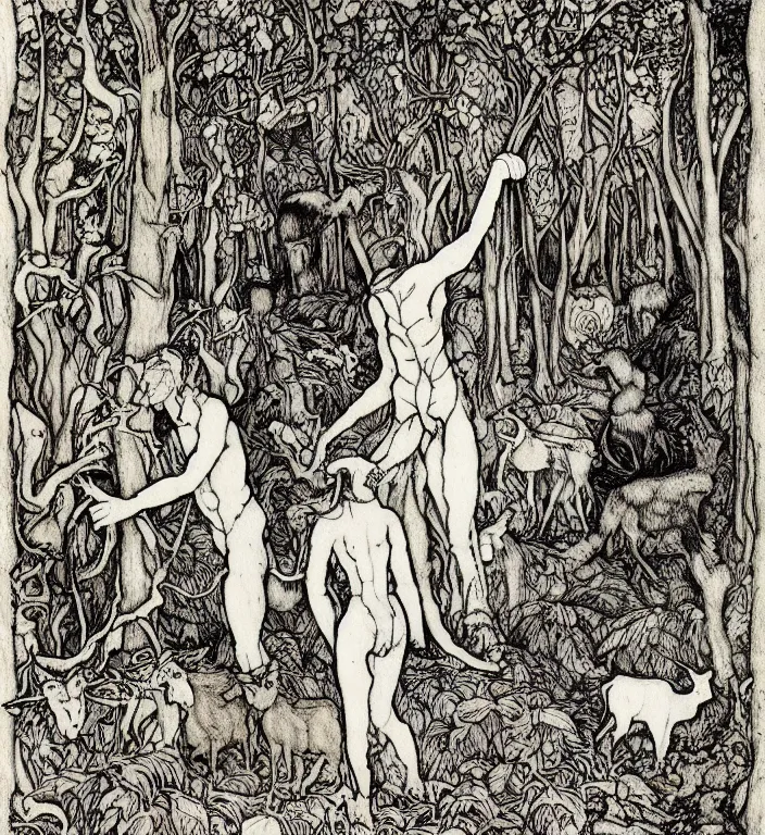Prompt: person in the forest with a goat and a robot by Ivan Bilibin, Austin Osman Spare, Arthur Rackham, Vania Zouravliov, high quality, ultra detailed