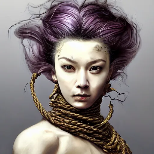 Image similar to portrait of a Shibari rope wrapped face and neck, headshot, insanely nice professional hair style, dramatic hair color, digital painting, of a old 17th century, old cyborg merchant, amber jewels, baroque, ornate clothing, scifi, realistic, hyperdetailed, chiaroscuro, concept art, art by Franz Hals and Jon Foster and Ayami Kojima and Amano and Karol Bak,