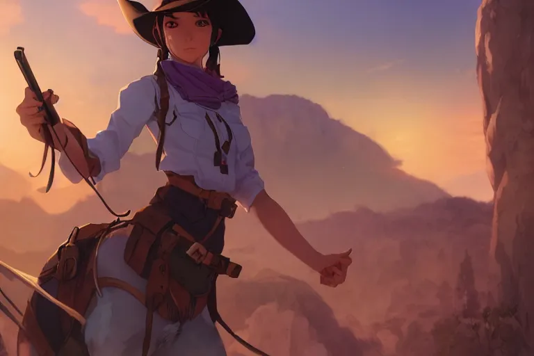 Image similar to western cowgirl, single subject, scenic full shot, ambient lighting, detailed face, by makoto shinkai, stanley artgerm lau, wlop, rossdraws