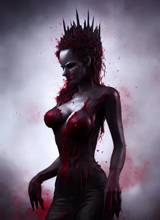 Prompt: full body portrait vampire queen blood highly detailed CGsociety subtle concept art HDR hyper realistic volumetric lighting subsurface scattering unreal