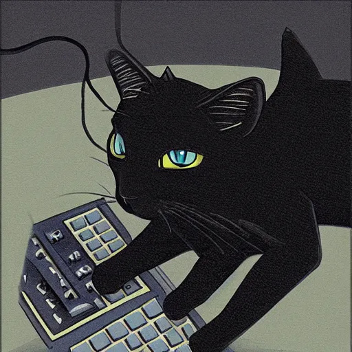 Image similar to a black cat programming in a computer. cartoon. high quality. high fidelity. unsplash. devianart.