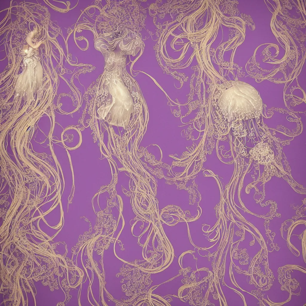 Image similar to purple dress design in the style of rococo ,Victorian era，jellyfish element,Goldenlace,dreamy, soft ,Backlight ,luminescence,Aetherpunk,highly detailed,8k