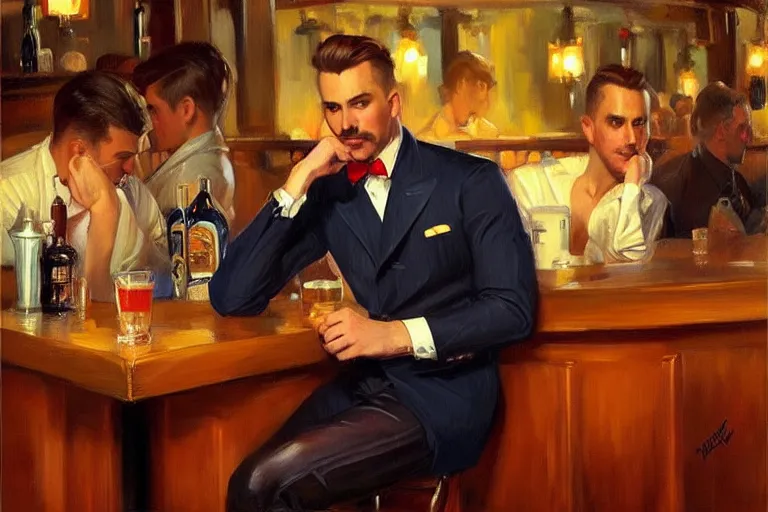 Image similar to attractive man sitting in a bar, painting by vladimir volegov, j. c. leyendecker, tom of finland, trending on artstation