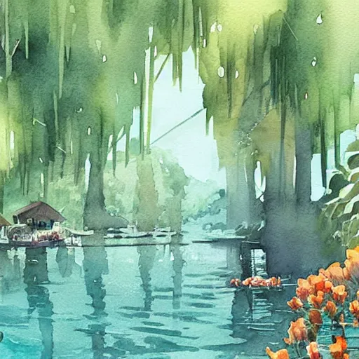 Prompt: Beautiful happy picturesque charming sci-fi town in harmony with nature. Beautiful light. Water and plants. Nice colour scheme, soft warm colour. Beautiful artistic watercolor by Lurid. (2022)