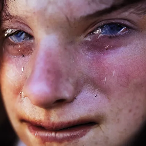 Image similar to a candid extreme closeup portrait of an expressive face of a happy in tears young woman by annie leibovitz