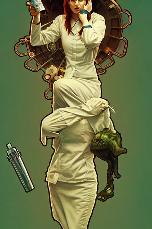 Image similar to doctor who, woman, as a mad dentist, on a plain green background, art by artgerm and greg rutkowski and alphonse mucha