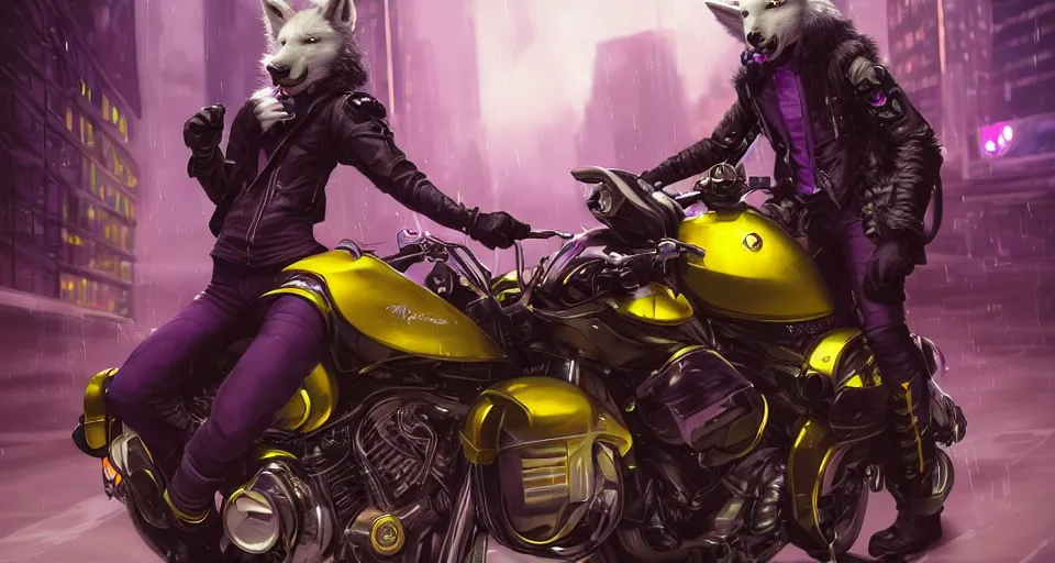 Prompt: wide angle award winning beautiful portrait commission of a male furry anthro albino wolf fursona with a tail and a cute beautiful attractive detailed furry face wearing stylish black, purple and yellow cyberpunk biker clothes riding a cybertech motorcycle in a cyberpunk city at night while it rains. Character design by charlie bowater, ross tran, artgerm, and makoto shinkai, detailed, inked, western comic book art