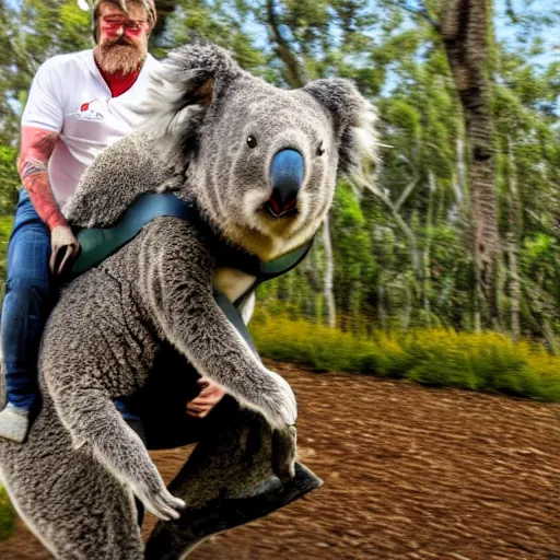 Prompt: 4k photo of Simon Whitlock riding into battle on a gigantic angry koala