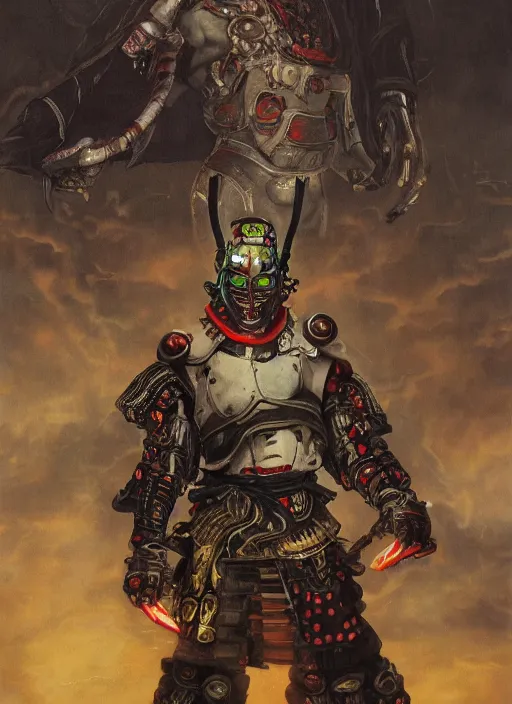 Image similar to portrait of a diabolical cyborg clown samurai, torn cape, adaptive armor, dynamic pose, heavy eyes to the side, ancient ruins, glowing veins subsurface scattering, in clouds, sunset, portrait, by gerald brom, by mikhail vrubel, by peter elson, muted colors, extreme detail, reflections, trending on artstation, 8 k