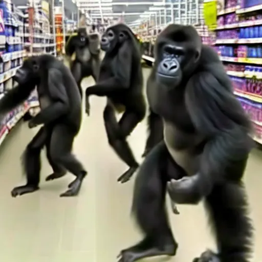 Prompt: cctv footage of a herd of gorillas raiding a walmart with people running away