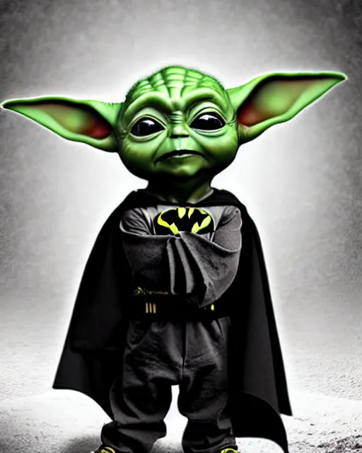 Image similar to epic action still of baby yoda wearing batman outfit as batman in the style of batman the dark knight rises