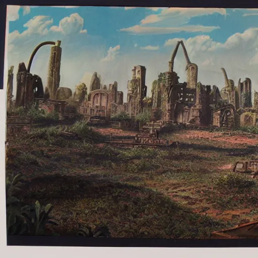 Prompt: 1 9 4 8 unused disney matte painting of a wasteland with the ruins of a modern city in the distance.