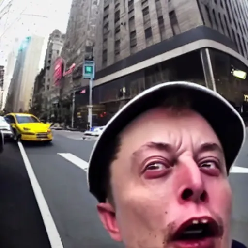 Image similar to bodycam footage of a homeless elon musk going crazy and scamming people, new york streets, wide angle, fisheye, uhd, 4 8 0 p, bodycam, paparazzi, bad quality, pov