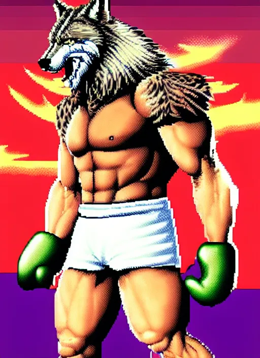 Image similar to extreme long shot. 8 bit nes graphics. antropomorphic muscular masculine wolf. kickboxer fighter, in shorts. wolf head. furr on body. like game contra.