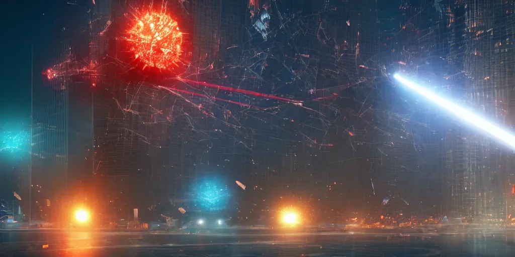Prompt: gigantic morgan freeman doing a bridge handstand while destroying a city with lasers in his eyes, night, realism, 4 k, octane render, award winning photograph
