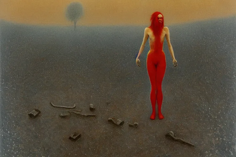 Image similar to a surrealist painting of a lonely woman with pale skin and red hair, standing over pile of bodies in post apocalyptic snowy landscape, golden ratio, painted by zdzisław beksinski