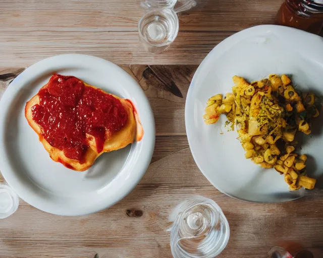 Prompt: 8 5 mm food photography of a plate of grilled jeans and ketchup at a restaurant with dof and bokeh and wine glasses o