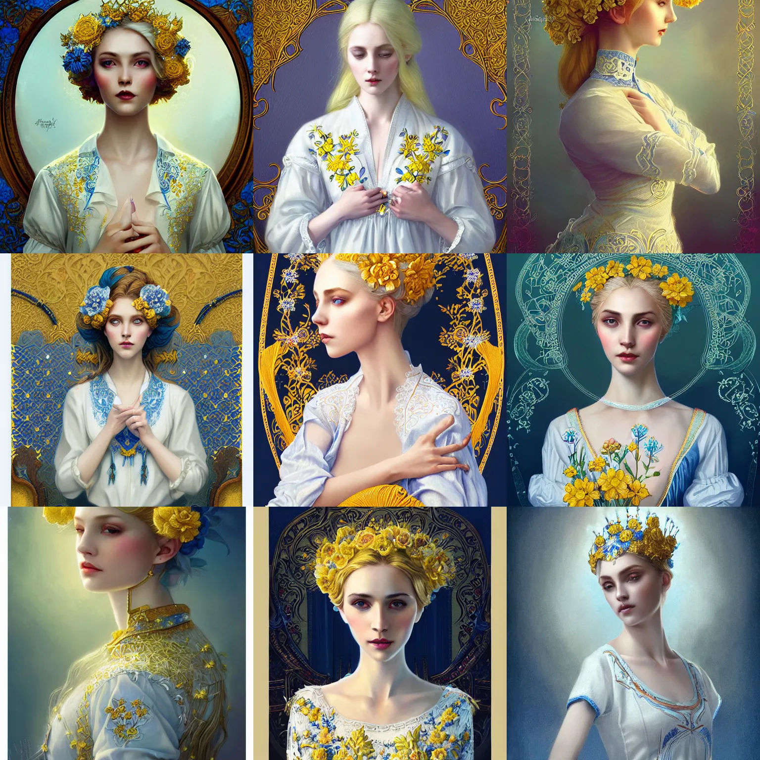 Prompt: blonde lady in white embroidered shirt, ukrainian national costume, filigree crown with blue and yellow textile embroidery flowers, intricate, elegant, digital painting, art nouveau, smooth, focus, rim light, charlie bowater, tom bagshaw, greg rutkowski