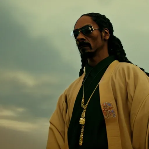 Image similar to cinematic film still of Snoop Dogg starring as a Samurai holding fire, Japanese CGI, VFX, 2022, 40mm lens, shallow depth of field, film photography