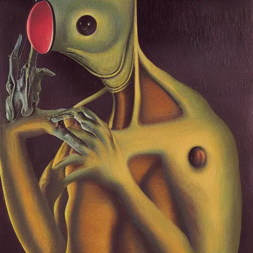 Prompt: An oil painting of a strange alien creature by Max Ernst and Giorgio de Chirico, trending on artstation