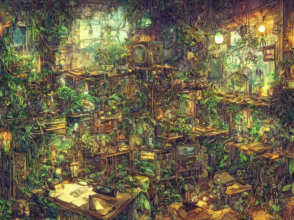 Prompt: Small desk at night with many synthesizers desklamp inside a steampunk machine room with lush vegetation growing around the machines, tropical trees, large leaves, flowers, beautiful starry night sky through the windows, beatifully lit, colorful, vivid colors, very detailed painting, hyperrealism, magical, vintage science fiction illustration, Studio Ghibli, Rebecca Guay