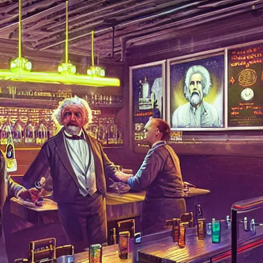 Image similar to Full colour render of albert einstein and nikola tesla brinking beer in a bierhall.. 4K award winning photorealistic concept art. smooth, sharp focus, illustration, dark cyberpunk, dystopian, sythwave, neon art by artgerm and moebius and alphonse mucha