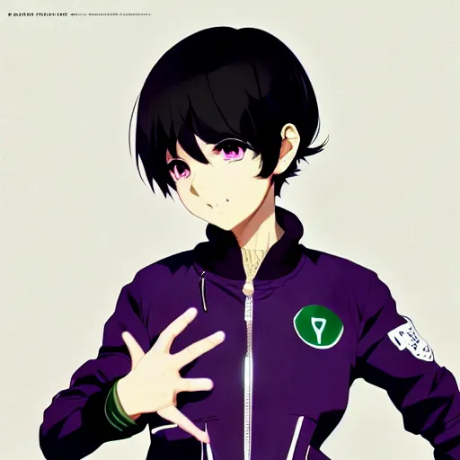 Image similar to anime poster film still portrait, young woman, black black black woman, purple colored eyes, purple colored eyes, white french bob, green colored bomber jacket, detailed facial features, dynamic pose, cute face by ilya kuvshinov, yoh yoshinari, makoto shinkai, rimlight, cel shaded, 4 k