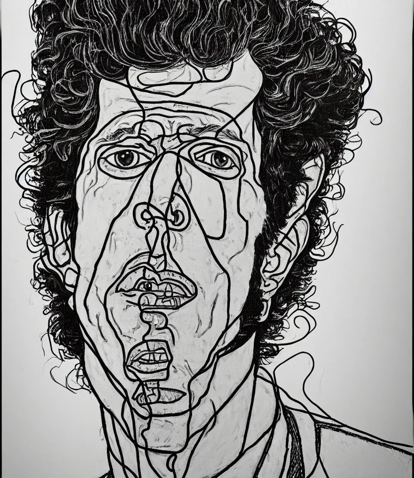 Prompt: detailed line art portrait of tom waits, inspired by egon schiele. caricatural, minimalist, bold contour lines, musicality, soft twirls curls and curves, confident personality, raw emotion