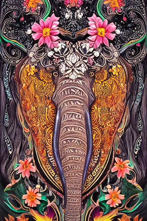 Image similar to Painted dark-wood relief carving of a Flowerpunk Matriarch Elephant, explosion of colorful flowers, dark wood, intricately carved, black ink, festival of rich colors, intricate details, cinematic lighting, volumetric lighting, post-processing, by andreas rocha and john howe, and Martin Johnson Heade, featured on artstation, featured on behance, golden ratio, hyper detailed, photorealistic, epic composition, center spotlight, f32, well composed, UE5, 8k