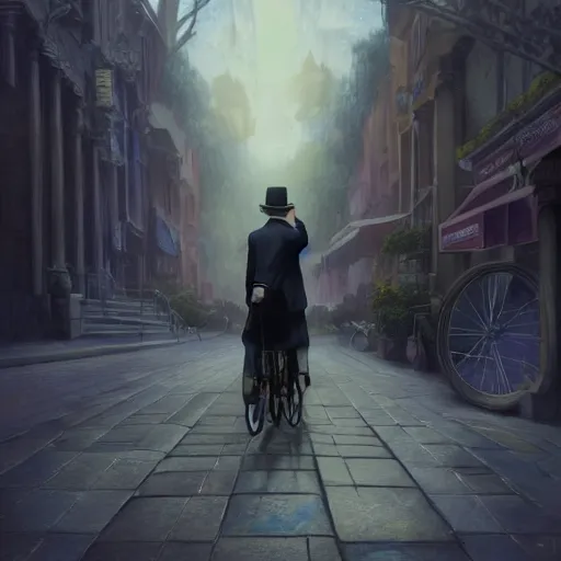 Prompt: epic portrait an man in a fedora and a suit riding a bicycle in a town, digital painting, artstation, concept art, soft light, hdri, smooth, sharp focus, illustration, fantasy, intricate, elegant, highly detailed, D&D, matte painting, in the style of Greg Rutkowski and Alphonse Mucha and artemisia, 8k, highly detailed, jurgens, rutkowski, bouguereau, pastoral, rustic, georgic, detailed concept art, illustration, colorful pastel, painting, detail, ultra detailed, digital art, 4K,