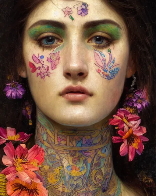 Image similar to close up of a beautiful girl with colourful tattoos surrounded by colourful flowers orientalist intricate portrait by john william waterhouse and edwin longsden long and theodore ralli and nasreddine dinet, oil on canvas. cinematic, hyper realism, dramatic lighting, high detail 8 k