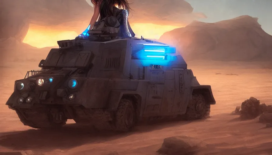 Image similar to a close-up image of a beautiful girl next to an armored vehicle in the desert by Artgerm, atmospheric, concept art, high detail, cinematic, Sci-fi, blue lights, Artstation trending, octane render, 300mm