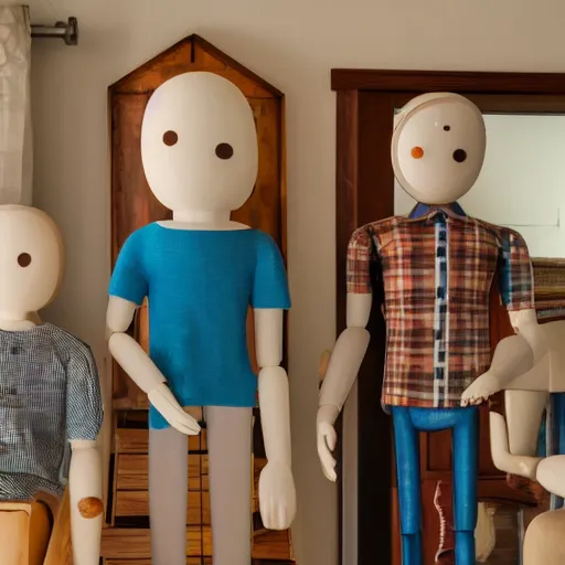 Image similar to a real estate home interior photo. a wooden mannequin family,