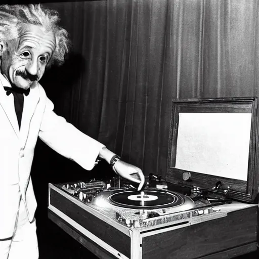 Image similar to photo of Albert Einstein DJing a record player at a nightclub, vintage, highly detailed facial features, at a nightclub