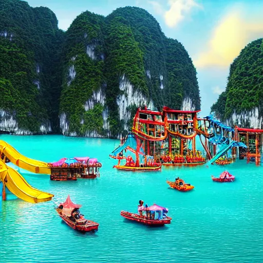 Image similar to halong bay vietnam waterpark with waterslides, digital art, cinematic lighting, epic composition, highly detailed