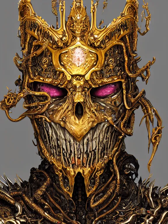 Image similar to portrait art of 8k ultra realistic undead eldritch horror corrupted vampire king, ornate gold crown , detailed intricate ornate armour,decaying, cybernetic, full of colour, cinematic lighting, battered, trending on artstation, 4k, hyperrealistic, focused, extreme details,unreal engine 5, cinematic, masterpiece, art by ayami kojima, giger