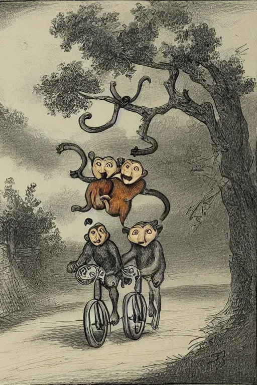 Prompt: two monkeys riding a tandem bicycle down a winding road, drawn by Nicholas John Frith