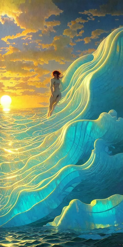 Prompt: ocean wave around ancient translucent iceberg, lsd water, dmt ripples, backlit, sunset, refracted lighting, art by collier, albert aublet, krenz cushart, artem demura, alphonse mucha