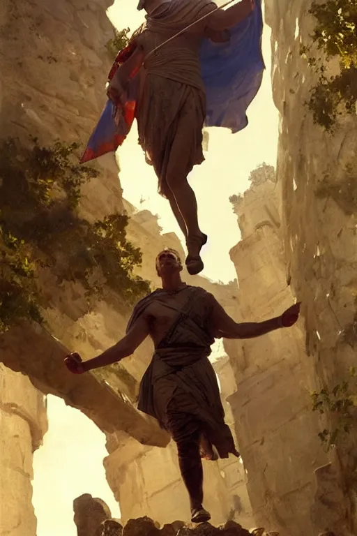 Image similar to ancient roman steve buscemi ascending wearing the civic crown while he levitates and hovers above the ground glowing with power small rocks and pebbles begin lifting off the ground around him, art by anders zorn, wonderful masterpiece by greg rutkowski, beautiful cinematic light, american romanticism by greg manchess, jessica rossier