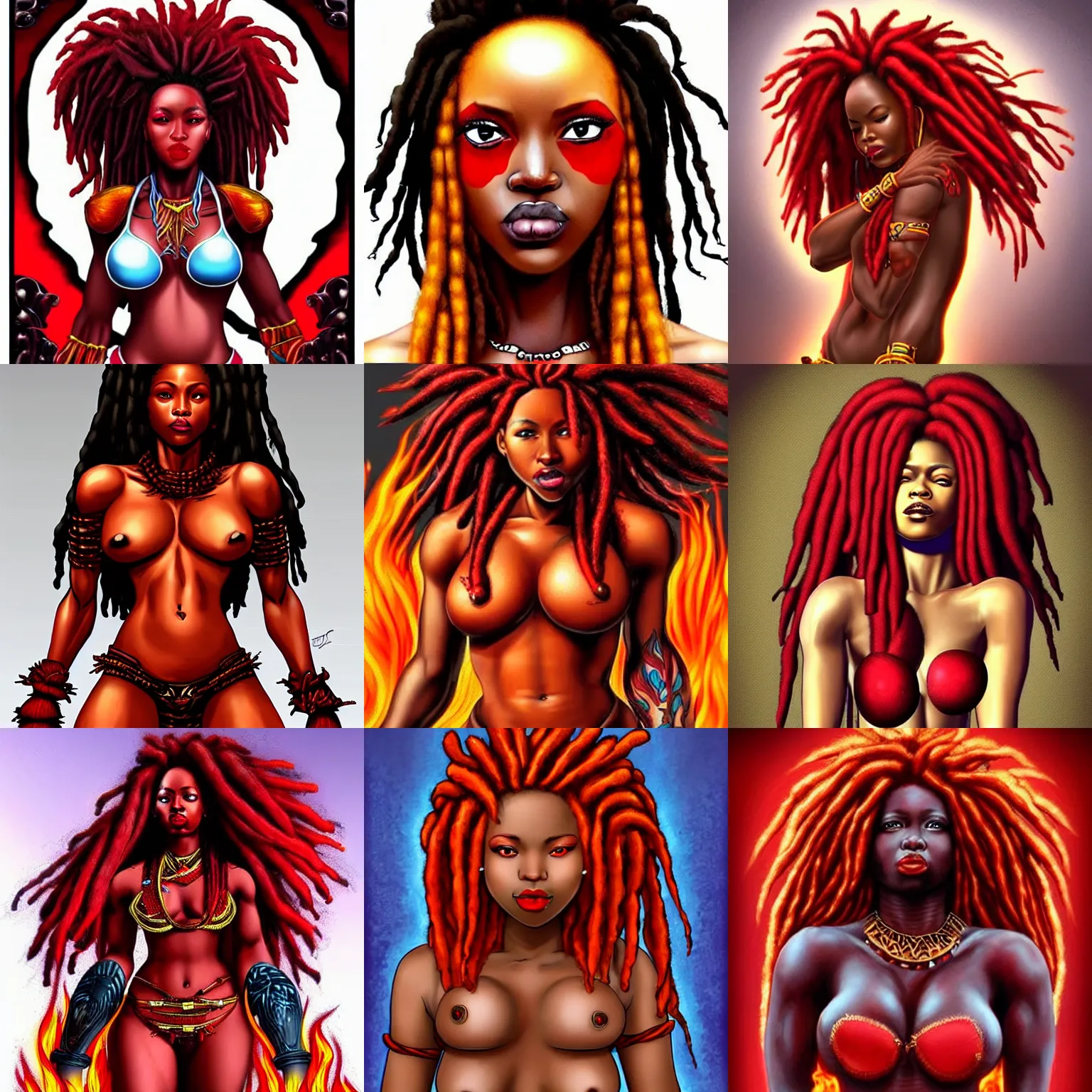 Prompt: african your mom, red afro dreadlocks on fire, electrified body, beautiful face, beautiful body, beautiful midriff, red demon armor, inspired by artgerm