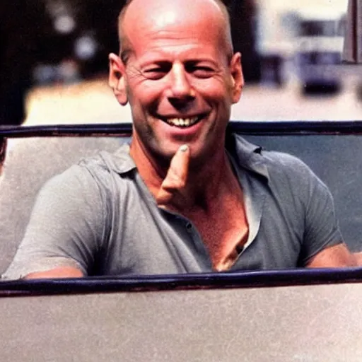 Image similar to bruce willis learning to fly in the back of a bus, realistic photograph, vintage